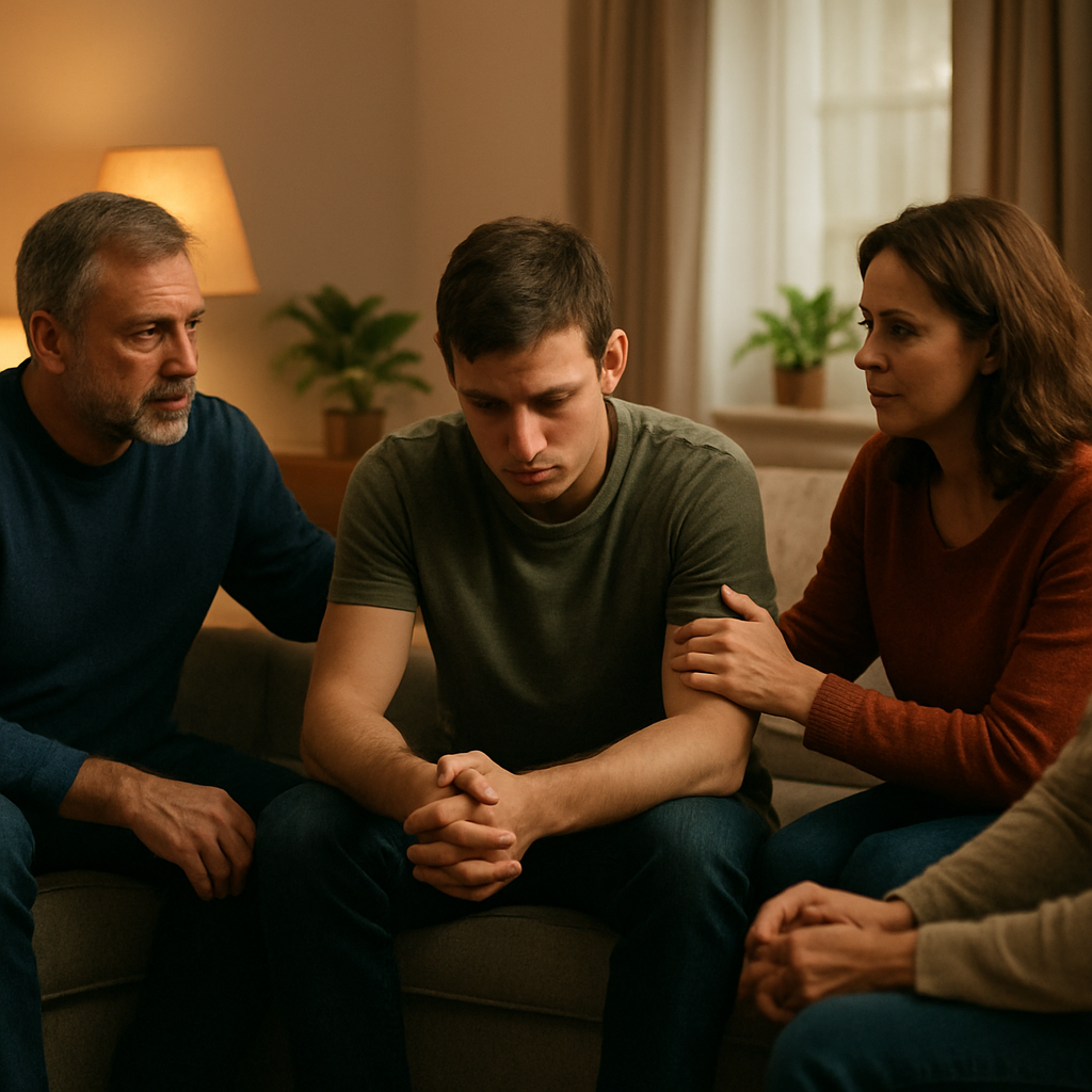 A warm, supportive family sitting in a living room circle during a meth intervention, with gentle lighting and a sense of hope. Alt: Family meth intervention in a living room, compassionate atmosphere.