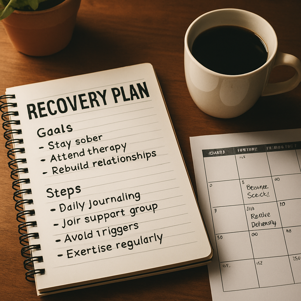 A warm, organized desk with a recovery plan notebook, pen, coffee cup, and a calendar marked with therapy sessions and sober activities. Alt: personal recovery plan template for meth intervention aftercare