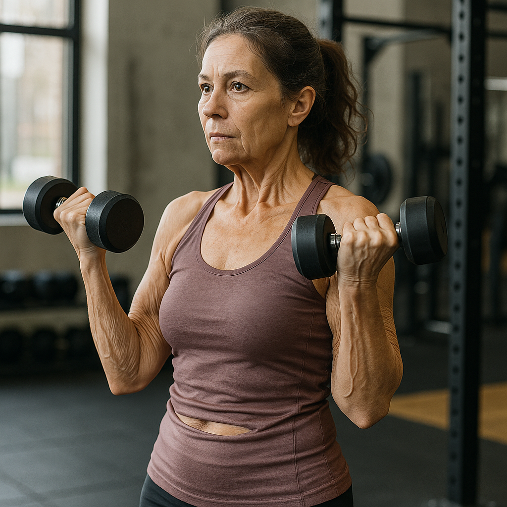 A person performing strength training exercises targeting arms and core to improve skin elasticity after weight loss. Alt: Strength training exercises to tighten loose skin after weight loss.