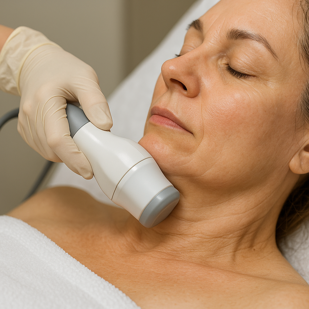 Close-up of a patient receiving non-surgical skin tightening treatment showing professional application of ultrasound or radiofrequency device. Alt: Non-surgical skin tightening procedure for loose skin after weight loss.