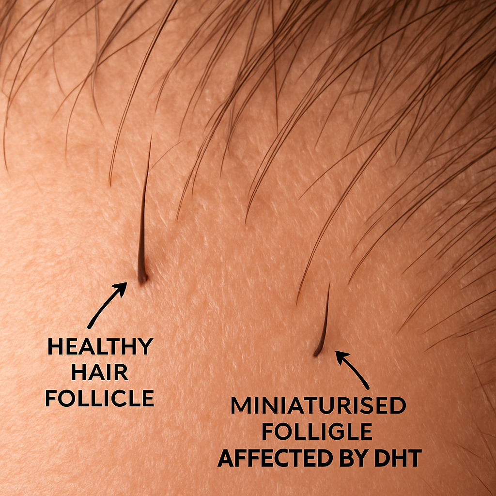 A close‑up of a human scalp showing healthy hair follicles alongside miniaturised follicles affected by DHT. Alt: Understanding DHT hair loss, natural DHT blockers illustration.