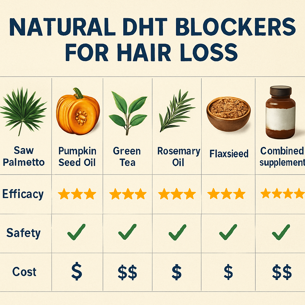A colourful comparison chart showing saw palmetto, pumpkin seed oil, green tea, rosemary oil, flaxseed and a combined supplement, each with icons for efficacy, safety and cost. Alt: Natural DHT blockers for hair loss – efficacy, safety and cost comparison chart.