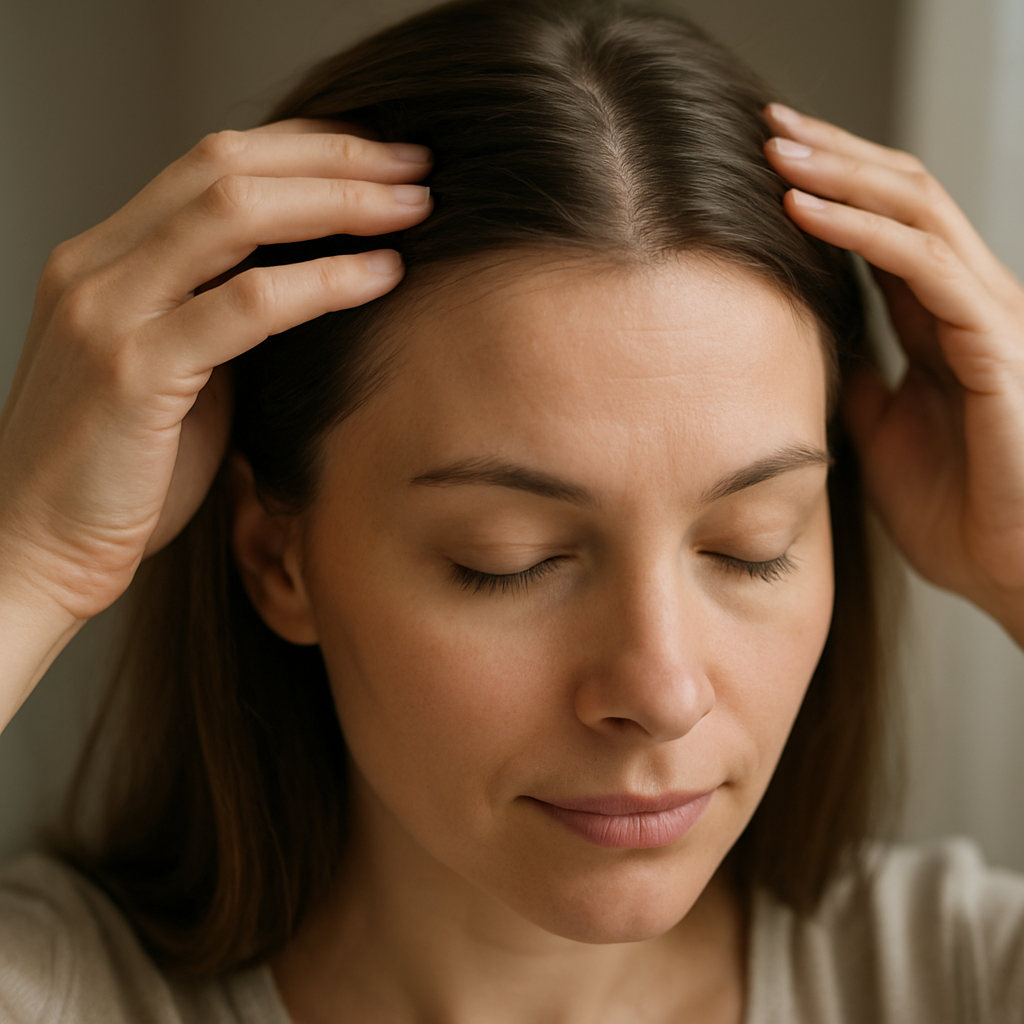 A close‑up of a woman gently examining her scalp in natural light, showing healthy hair follicles and a calm expression. Alt: Identify underlying causes of hair loss for women.