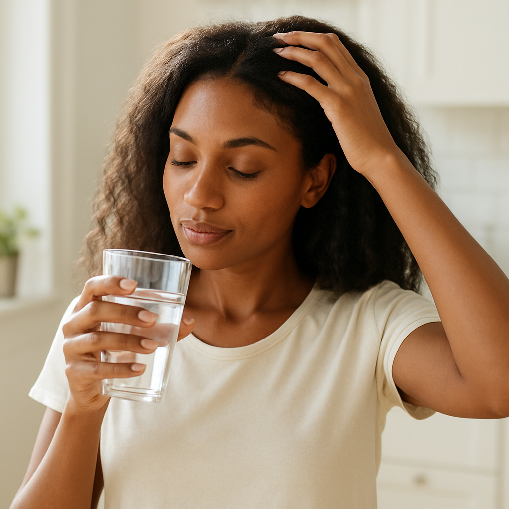 A woman in a bright kitchen drinking a glass of water while gently massaging her scalp, soft natural light highlighting healthy hair. Alt: lifestyle habits for natural hair health.