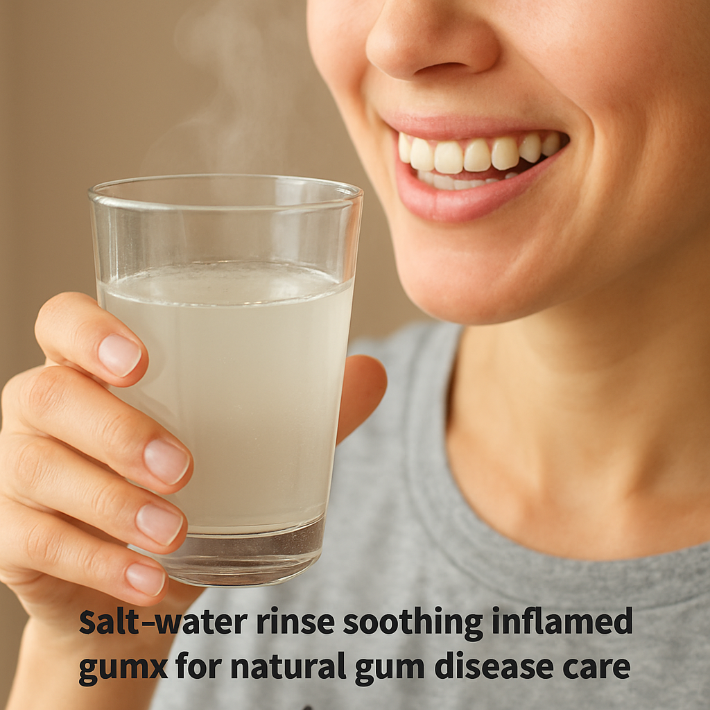 A close‑up of a hand holding a clear glass of warm salt‑water, steam rising gently, with a smiling person swishing the liquid in their mouth. Alt: Salt‑water rinse soothing inflamed gums for natural gum disease care.