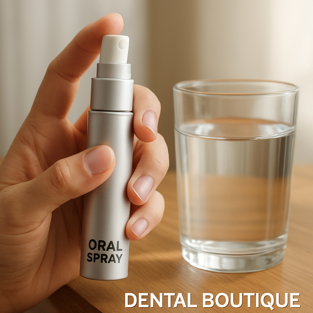 A close‑up of a hand holding a sleek oral spray bottle beside a glass of water on a wooden table, bright natural lighting, Alt: oral spray for bad breath freshening routine