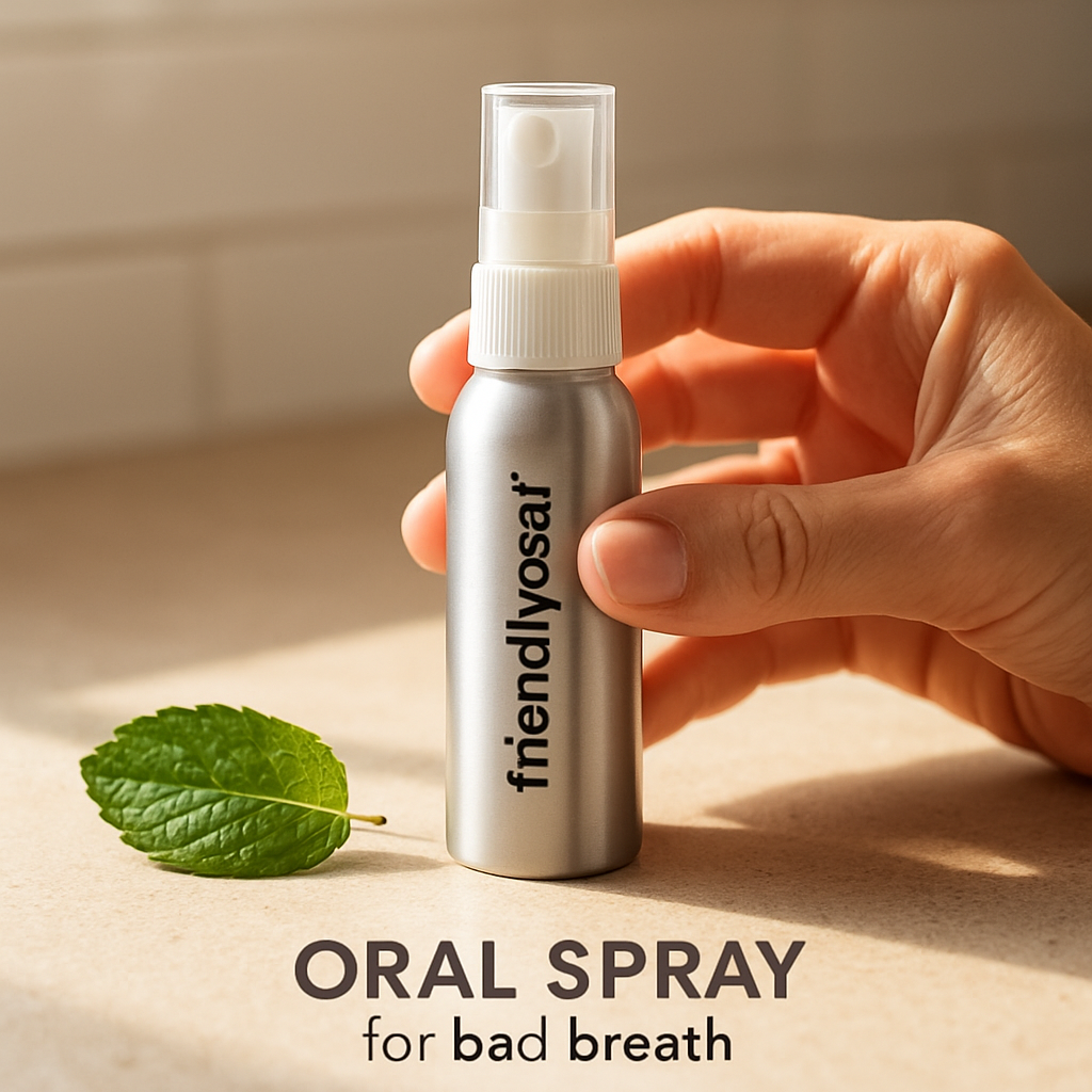 A close‑up of a hand holding a sleek oral spray bottle next to a mint leaf on a kitchen counter, with a sunny morning light streaming in. Alt: oral spray for bad breath integrated into a daily oral hygiene routine