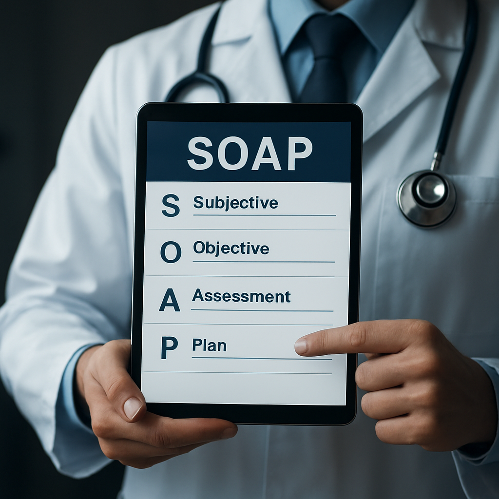A doctor using a digital template on a tablet, showing SOAP sections highlighted. Alt: Structured SOAP note template for physicians.
