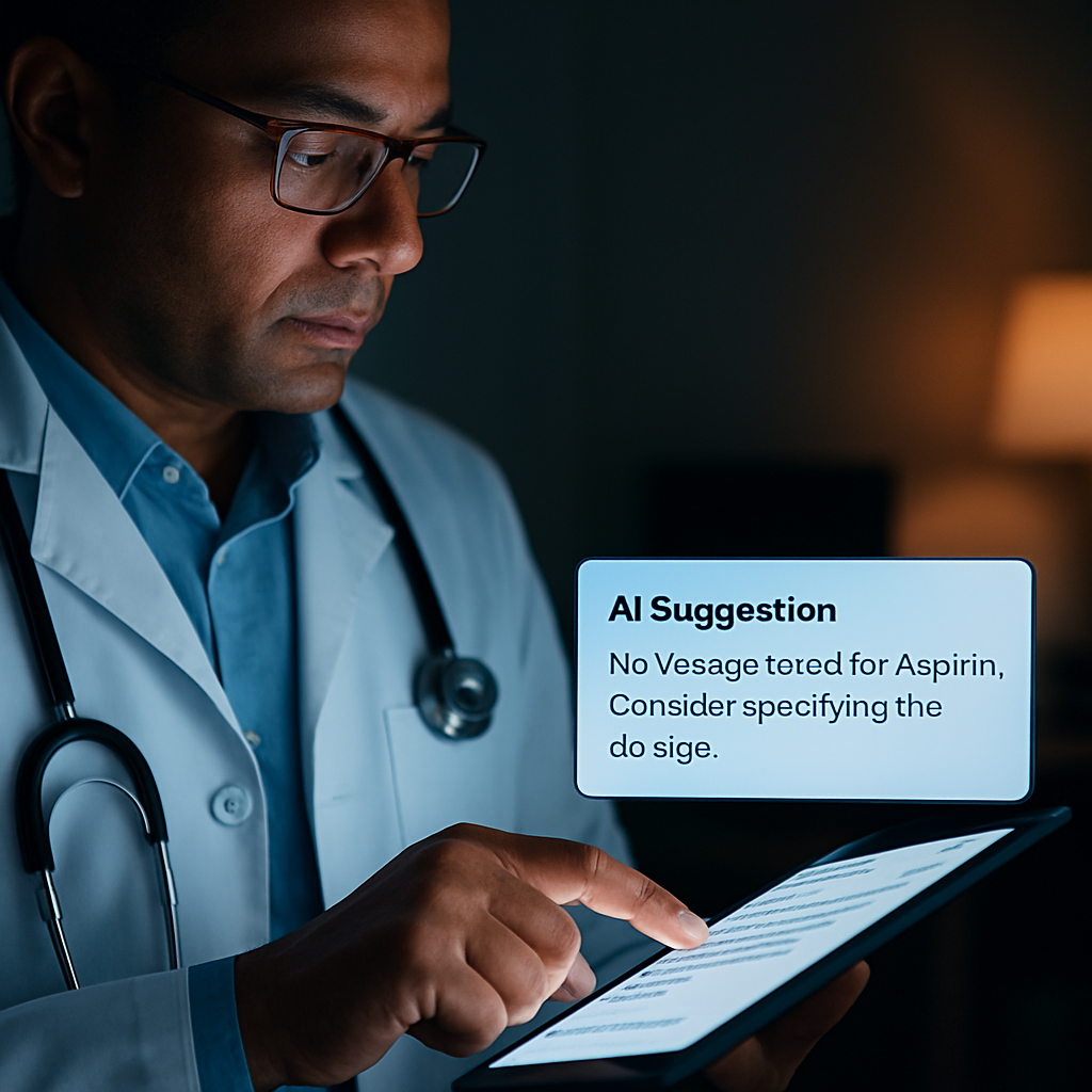 A clinician reviewing a digital note on a tablet, with a pop‑up AI suggestion highlighting a missing medication dosage. Alt: Real‑time peer review check improving physician documentation efficiency