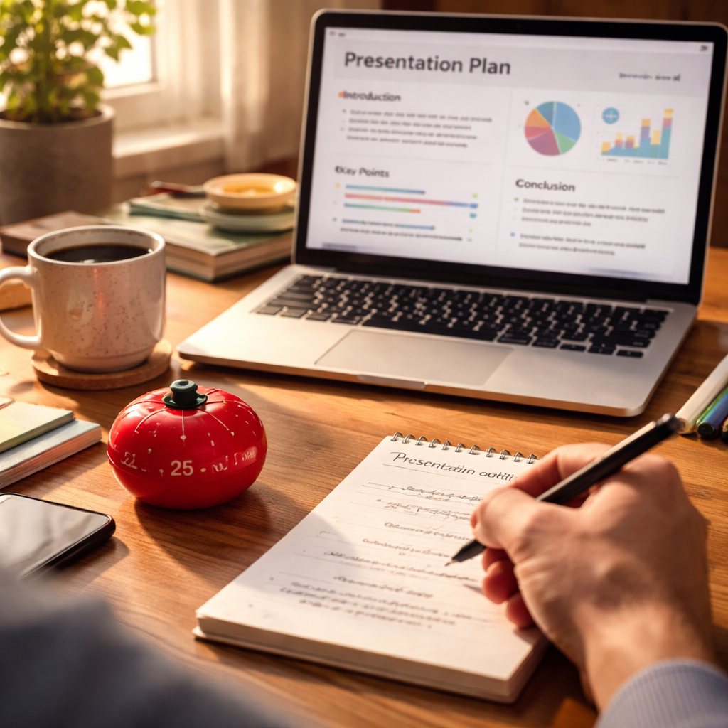 A photorealistic scene of a person at a desk planning a presentation with a Pomodoro timer, laptop open to slides, coffee mug nearby, realistic lighting. Alt: Pomodoro routine for presentations planning session.