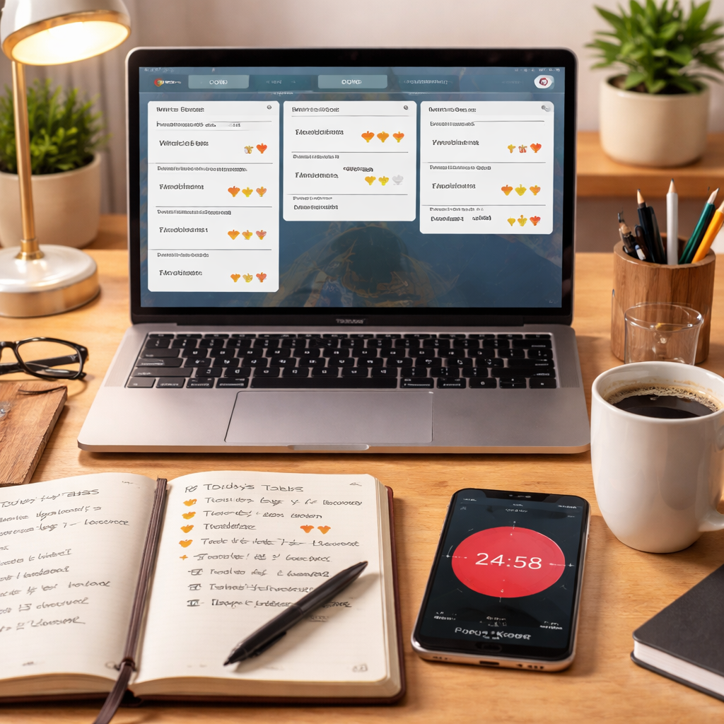 A photorealistic scene of a modern home office desk with a laptop open to a Trello board showing cards labeled with pomodoro counts, a Focus Keeper timer app visible on a smartphone, a notebook with handwritten task breakdowns, and a steaming mug of coffee. Alt: Realistic image of pomodoro workflow integrated with content planning tools for creators.