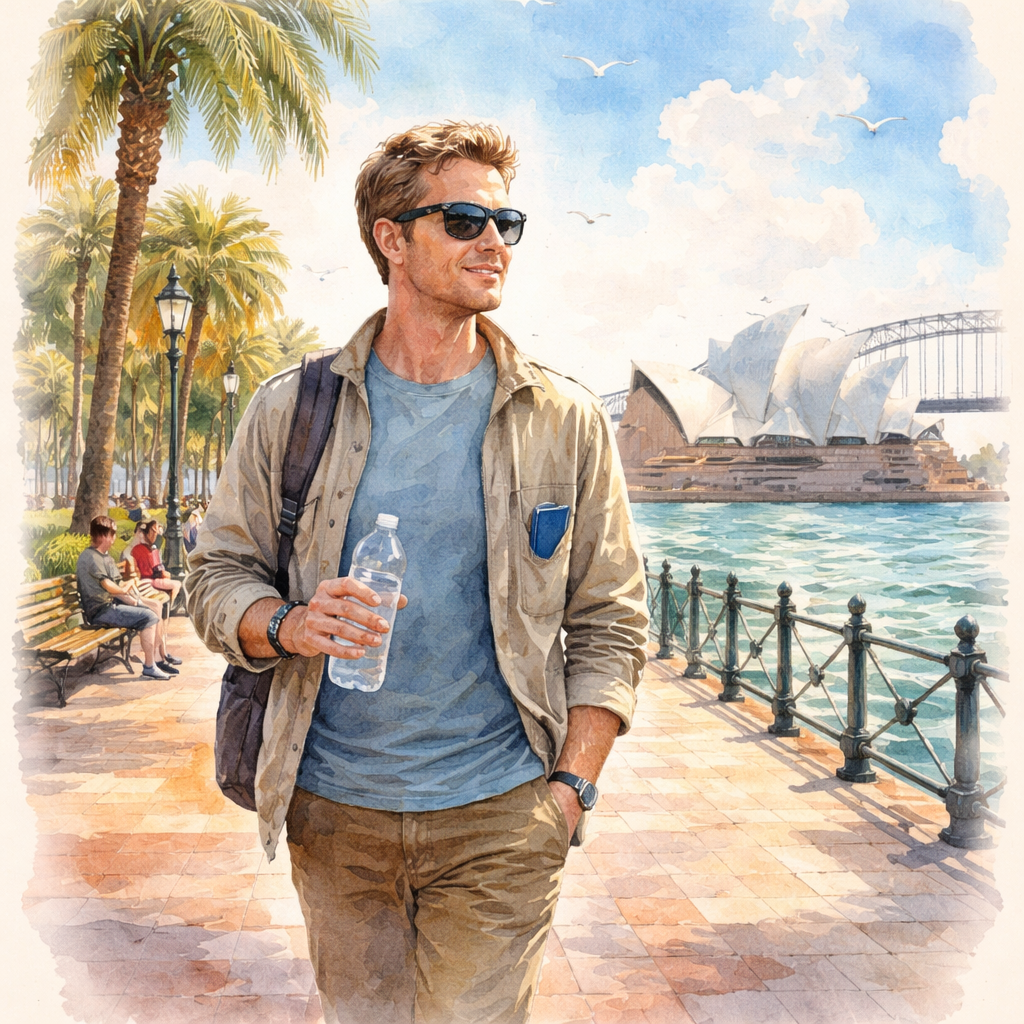 A soft watercolor painting of a sunny Sydney harbour promenade with a person strolling, wearing sunglasses and a light jacket, holding a water bottle, and a small notebook tucked into a pocket, symbolising post‑vitrectomy eye‑care habits like hydration, gentle exercise, and vision monitoring. Alt: Post vitrectomy eye care long‑term lifestyle tips watercolor.