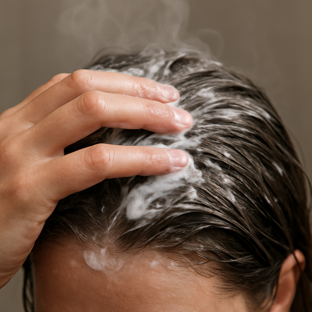 A close‑up of a hand gently massaging a yoghurt‑based scalp cleanser into wet hair, soft steam rising, illustrating a gentle cleanse for psoriasis‑prone scalp. Alt: gentle scalp cleansing for psoriasis home remedy