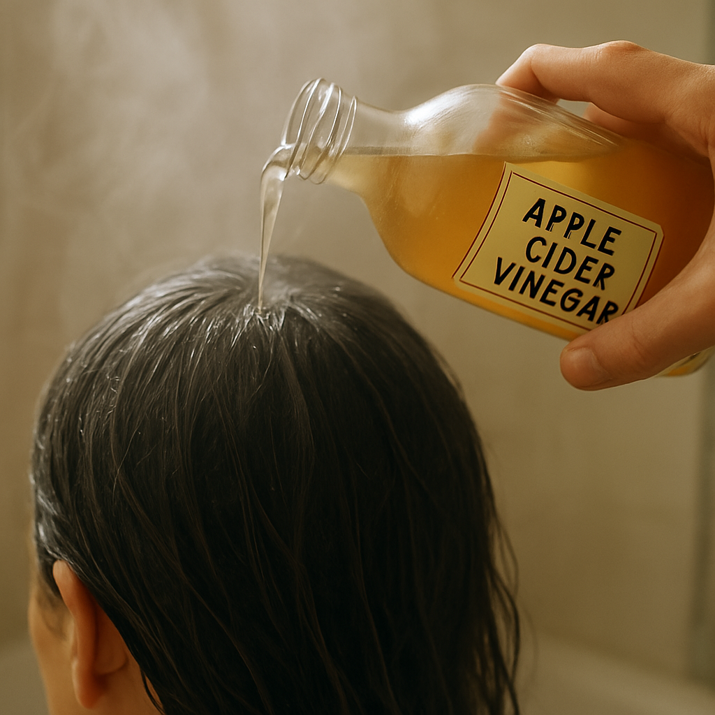 A close‑up of a glass bottle of raw apple cider vinegar being poured over wet hair in a bathroom, with steam and a calm ambience. Alt: Apple cider vinegar scalp rinse for psoriasis home remedy