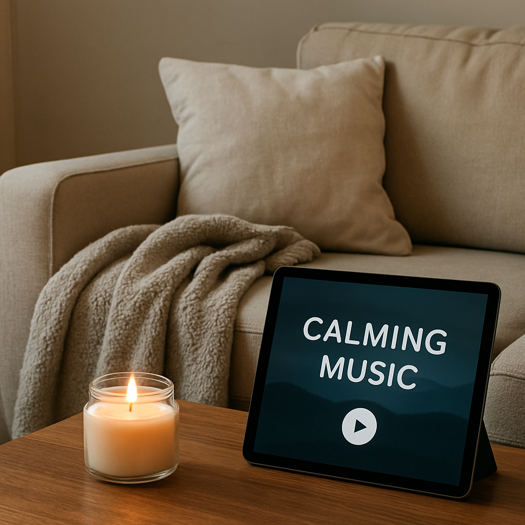 A cozy living room corner with a soft blanket, a scented candle, and a tablet playing calming music. Alt: Early warning signs recognition space for schizophrenia intervention