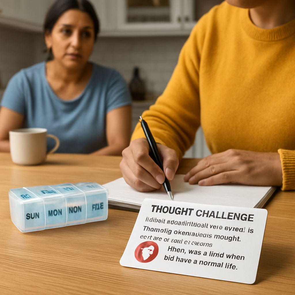 A kitchen table with a pill organizer, a thought‑challenge card, and a family member writing in a log. Alt: Family implementing evidence‑based schizophrenia intervention tools at home.