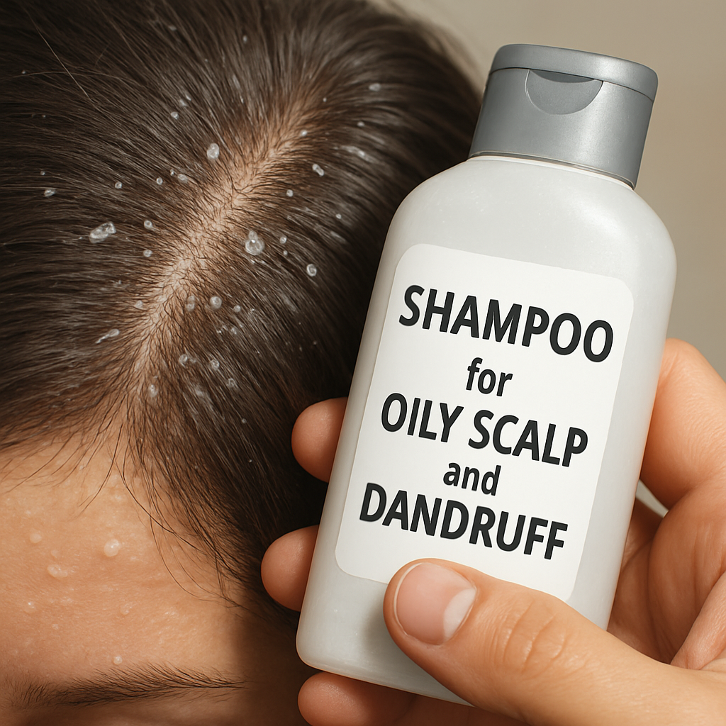 A close‑up of a scalp with visible oil and dandruff flakes, showing a hand holding a shampoo bottle labeled “shampoo for oily scalp and dandruff”. Alt: oily scalp dandruff shampoo illustration highlighting causes and symptoms.