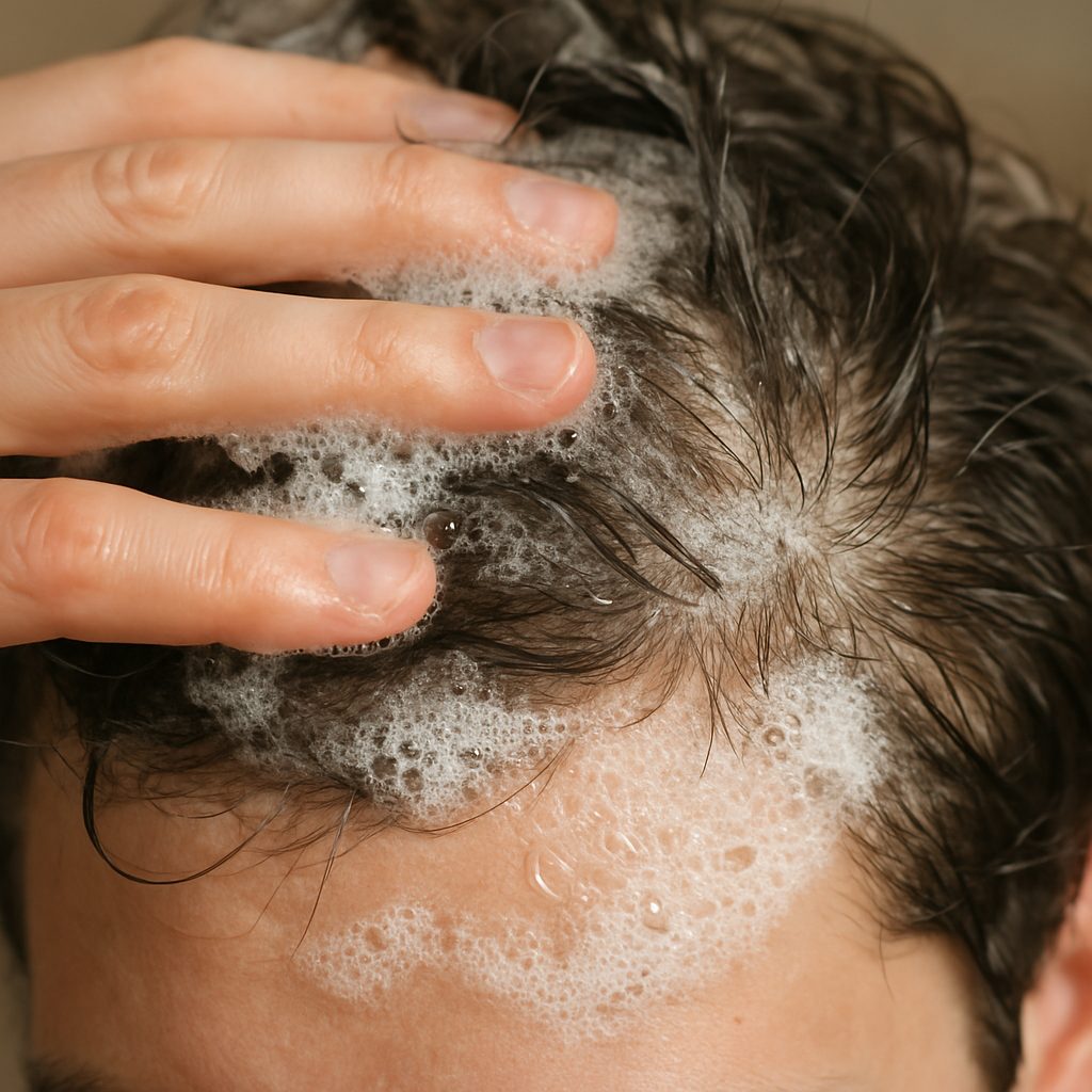 A close‑up of a hand massaging shampoo into a slightly oily scalp, bubbles visible, showing the proper technique. Alt: How to apply shampoo for oily scalp and dandruff effectively.