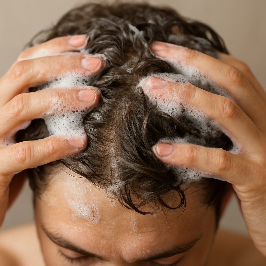 A close‑up of a person applying shampoo to a slightly oily scalp, foam visible, showing gentle massage technique. Alt: shampoo for oily scalp and dandruff application