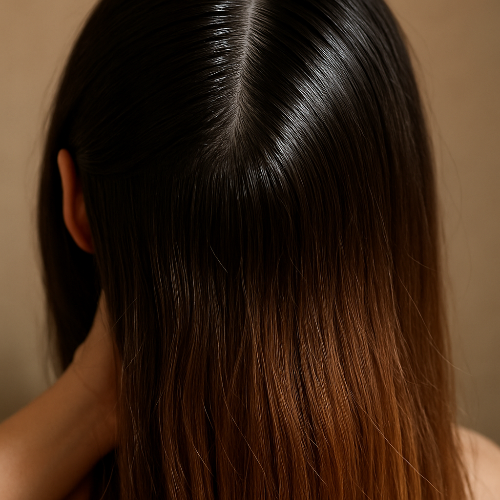 A close‑up of a woman’s hair showing a glossy scalp and matte, moisturised ends, with soft natural lighting. Alt: shampoo for oily scalp and dry ends visual guide