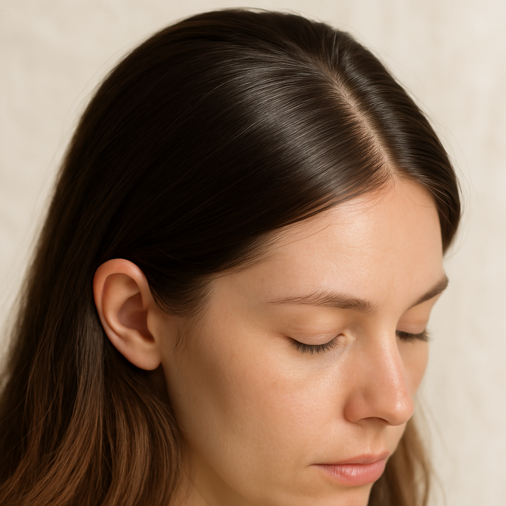 A close‑up of a woman's hair showing a glossy scalp and matte, moisturised ends, with a soft natural light background. Alt: oily scalp dry ends common mistakes illustration