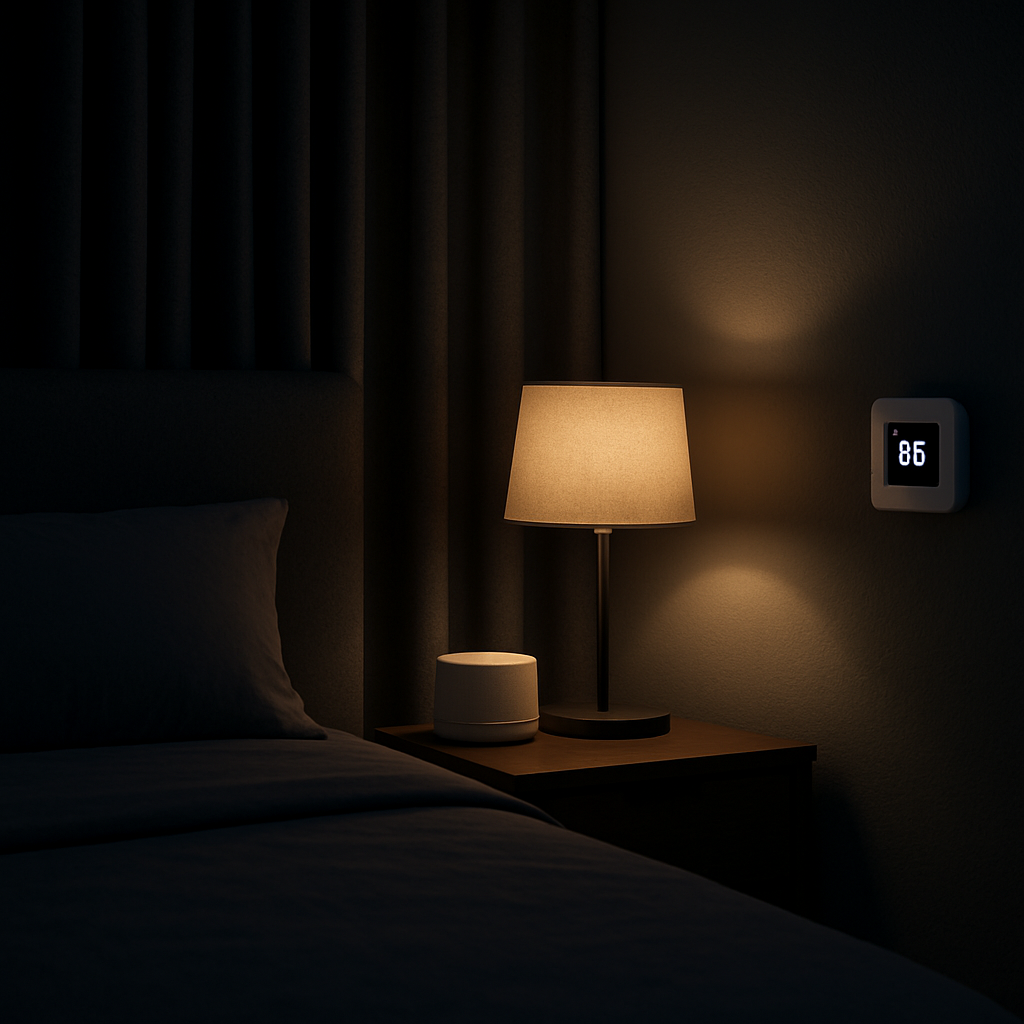 A calm, dimly lit bedroom with blackout curtains, a white‑noise speaker on a nightstand, and a digital thermostat set to 65°F. Alt: Optimized sleep environment for nurses