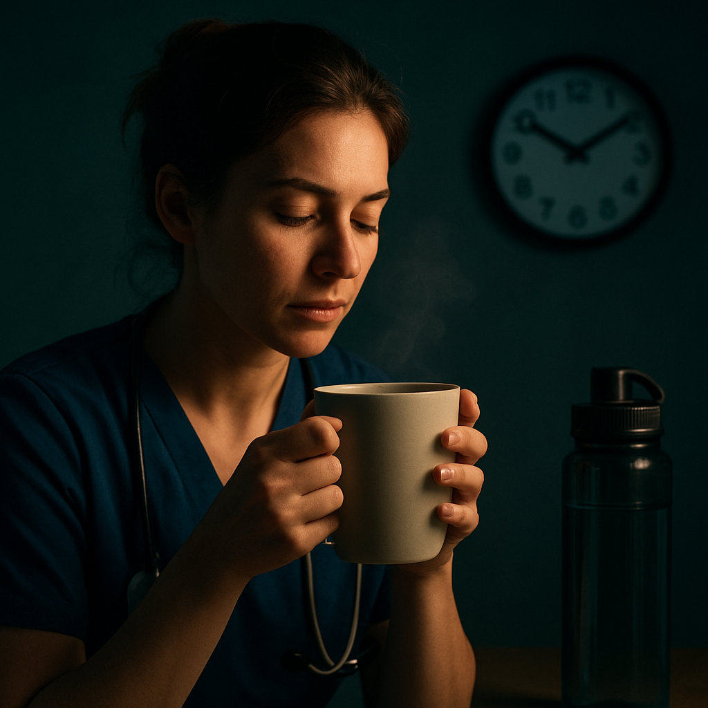 A night‑shift nurse holding a steaming mug of herbal tea beside a water bottle, with a subtle clock showing 02:00 on the wall. Alt: Nurse managing caffeine and hydration for better sleep hygiene.