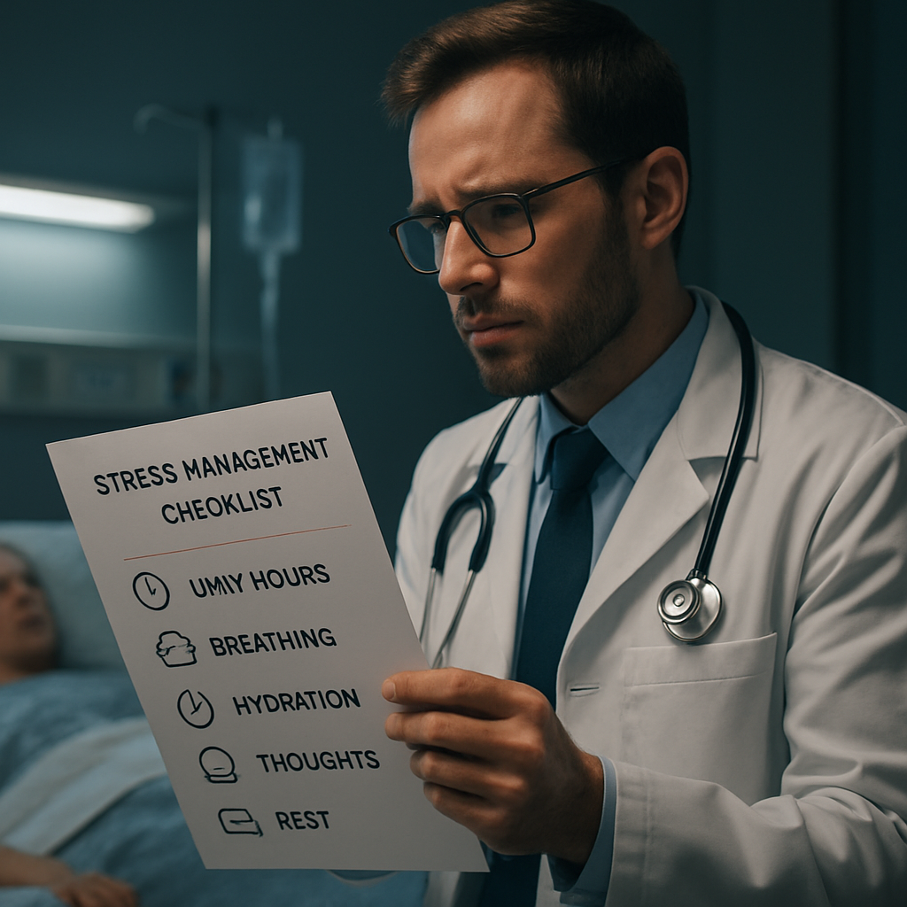 A physician holding a laminated checklist at a bedside, with micro‑movement icons beside each trigger. Alt: Physician using a stress‑management checklist during a busy shift.