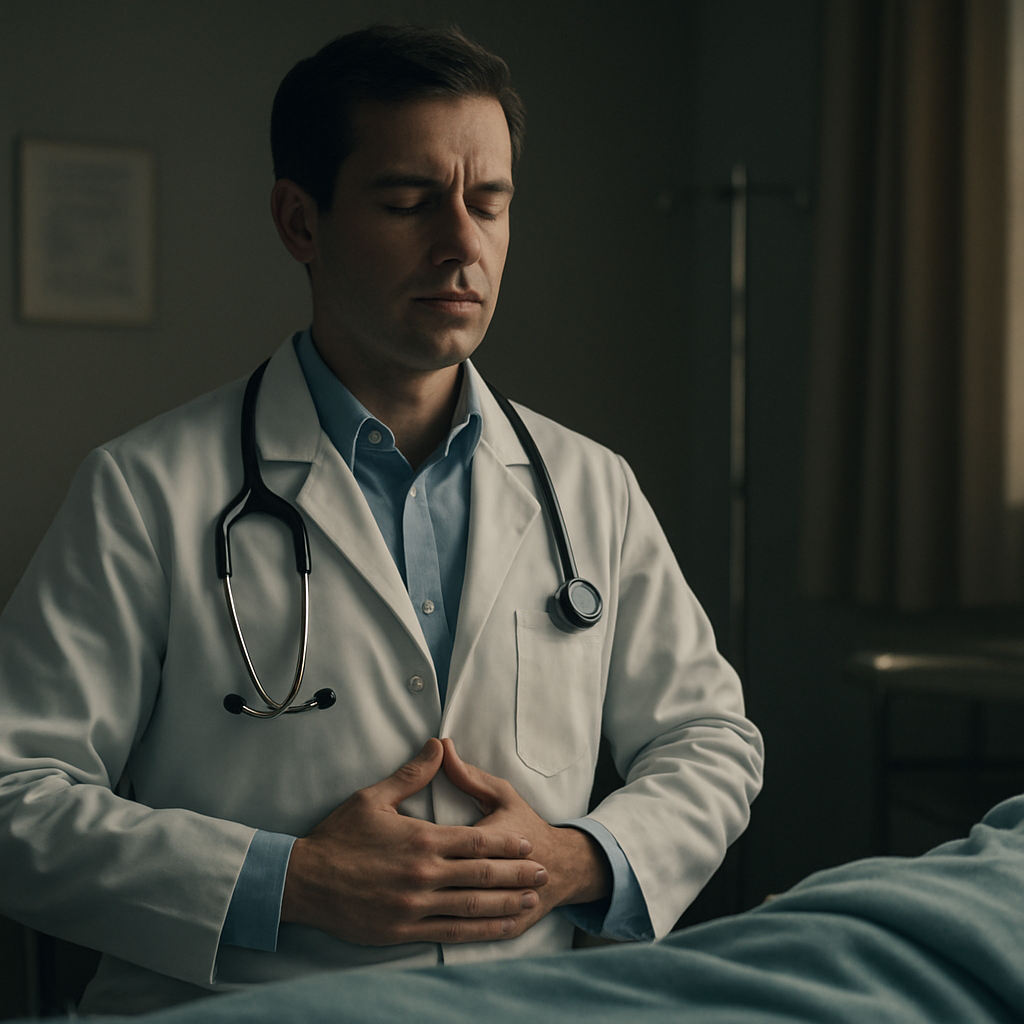 A doctor sitting at a bedside, practicing mindful breathing with hands on abdomen. Alt: mindful breathing for doctors stress management