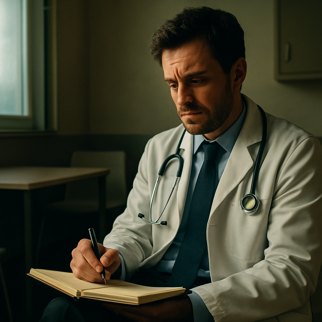 A doctor sitting on a hospital break room chair, notebook open, pen in hand, reflecting on a patient case. Alt: Doctor using cognitive reframing journal to manage stress in healthcare setting.