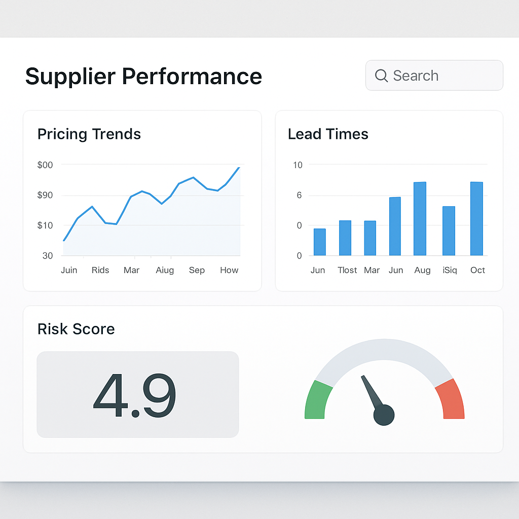 A clean, modern dashboard showing supplier performance metrics, with charts for pricing trends, lead times, and risk scores. Alt: Supplier market research dashboard for procurement professionals.