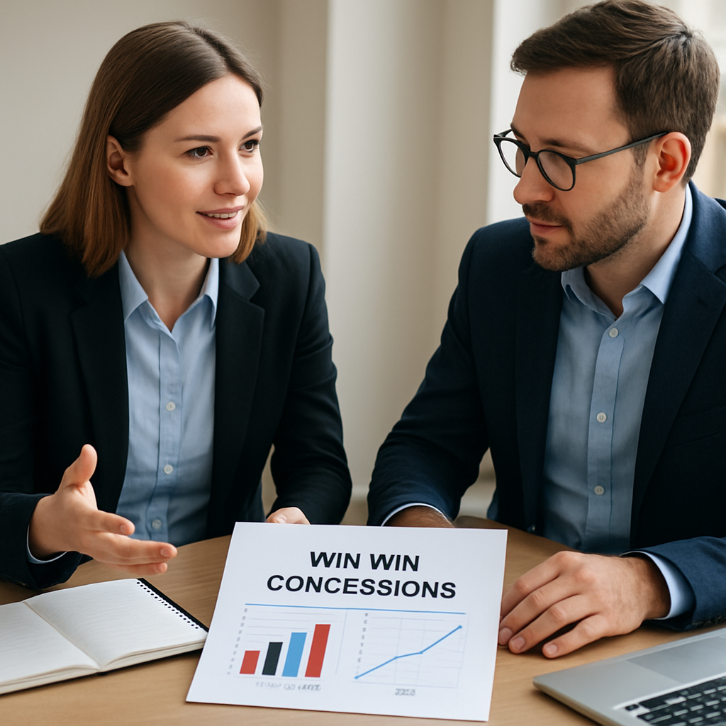 A procurement professional negotiating at a table, showing collaborative discussion and concession charts. Alt: supplier negotiation strategies win‑win concessions