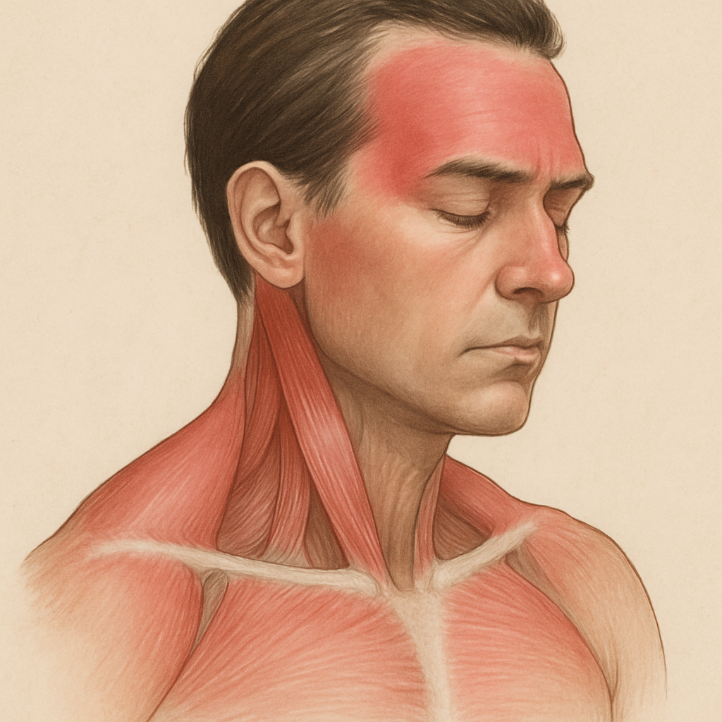 An illustration showing the areas on head and neck commonly affected by tension headaches, highlighting muscles that benefit from massage. Alt: Areas of the head and neck affected by tension headaches suitable for tension headache massage.