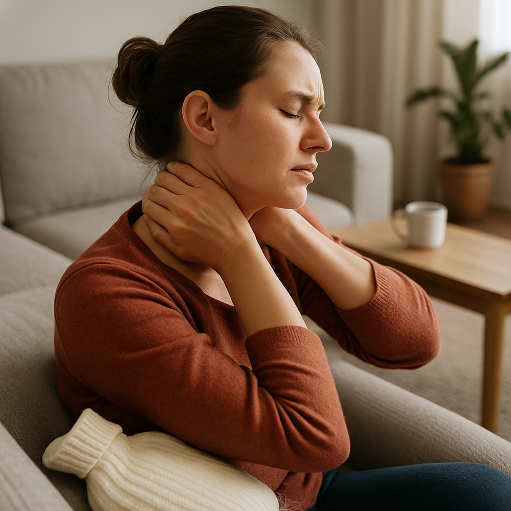 A person comfortably sitting at home, massaging their neck with fingers and thumbs, with a warm compress nearby. Alt: Tension headache massage self-care at home in Cleveland and Redland Bay.