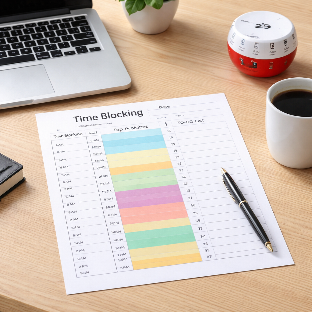 A clean desk with a printed time blocking template laid out next to a laptop, a coffee mug, and a Focus Keeper Pomodoro timer. Alt: time blocking template for productivity planning.