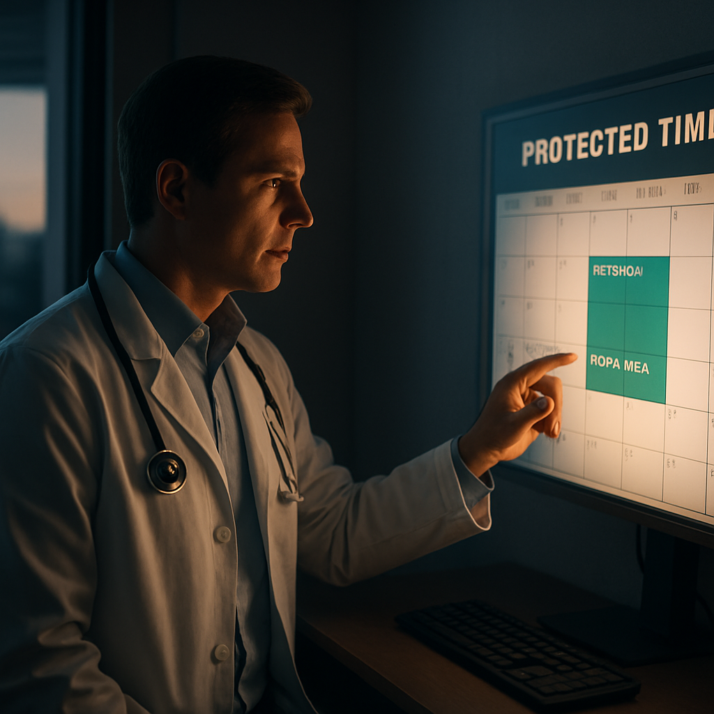 A Cinematic, photorealistic hospital office scene at dawn, a physician looking at a wall calendar and a glowing dashboard showing protected time blocks for education and self‑care. Alt: Cinematic physician planning protected time for education and wellbeing.