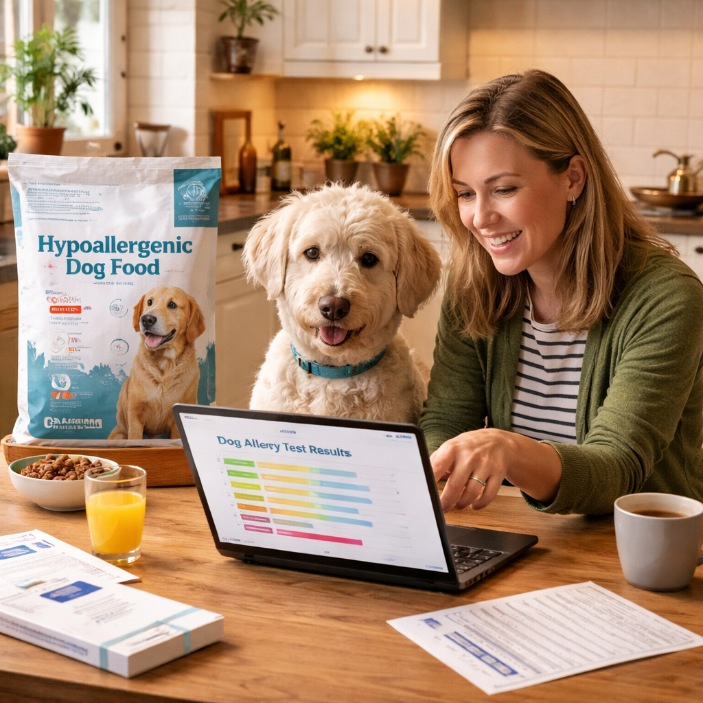 A photorealistic UK kitchen scene showing a dog and owner reviewing test results on a laptop, with a hypoallergenic dog food bag on the counter, in a cosy British home. Alt: UK dog food allergy test at home in a kitchen setting.