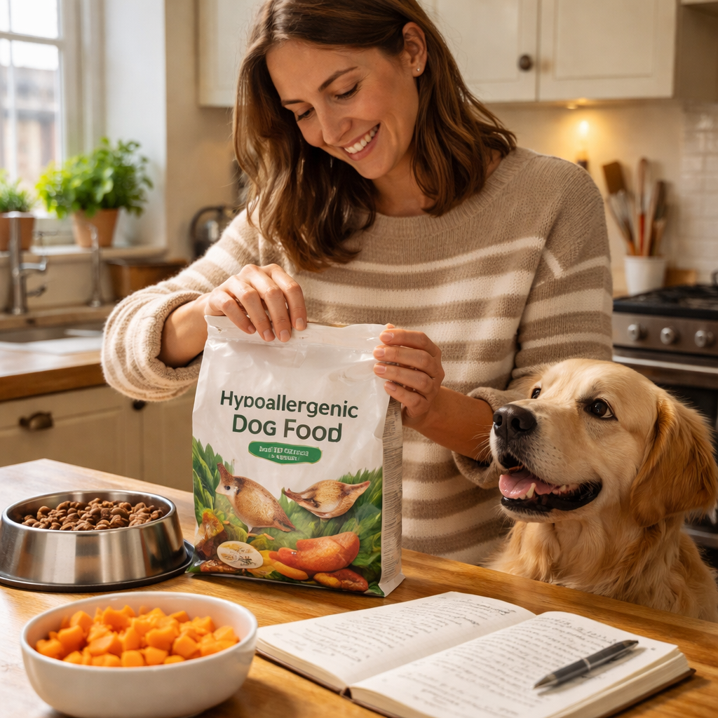 A photorealistic kitchen scene in a cosy British home, showing a smiling dog owner opening a bag of hypoallergenic dog food labelled with a single novel protein, a bowl of fresh sweet potato, and a notebook with a food‑symptom diary beside it. Alt: Choosing a hypoallergenic dog food in the UK for treatment of dog food allergies.