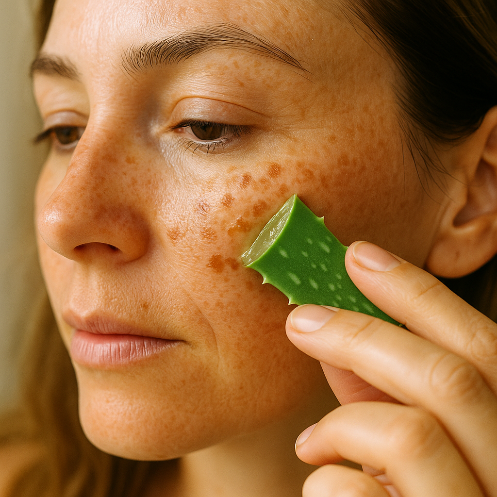 A close-up view of a woman applying aloe vera gel to sun spots on her face. Alt: Natural remedy for how to get rid of sun spots on face with aloe vera gel application.