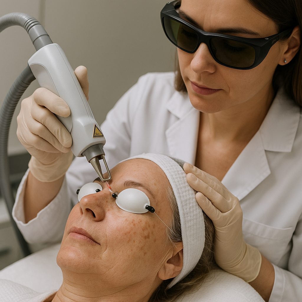 A professional performing laser skin resurfacing on a patient to remove sun spots on the face. Alt: Advanced laser treatment for how to get rid of sun spots on face at a medspa.