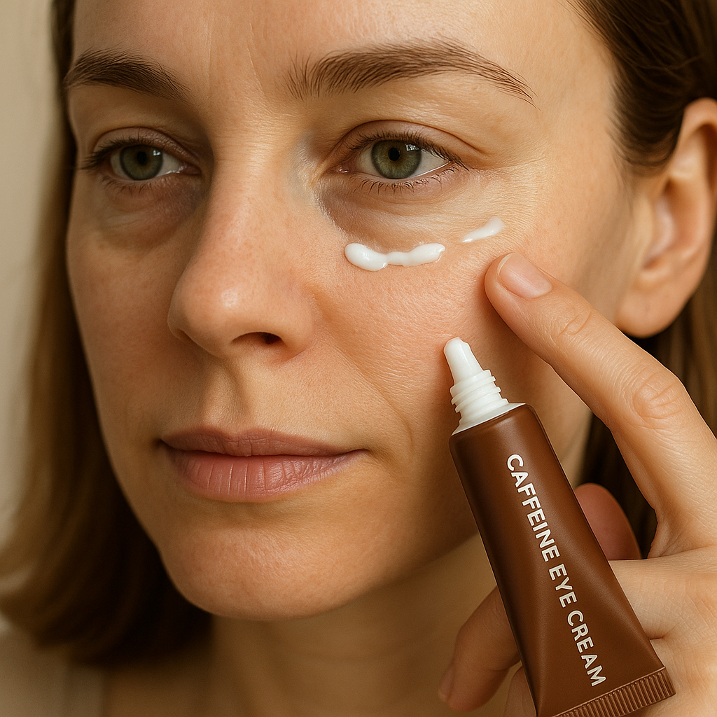 Close-up of woman applying caffeine eye cream with under eye bags visibly reduced over time. Alt: how to reduce under eye bags without surgery topical treatment with caffeine cream.