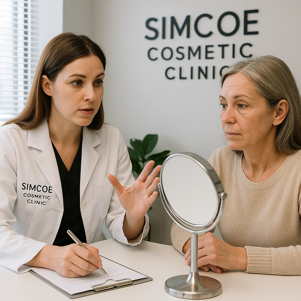 Consultation with cosmetic specialist discussing non-surgical under eye bag treatments. Alt: how to reduce under eye bags without surgery expert consultation at Simcoe Cosmetic Clinic.