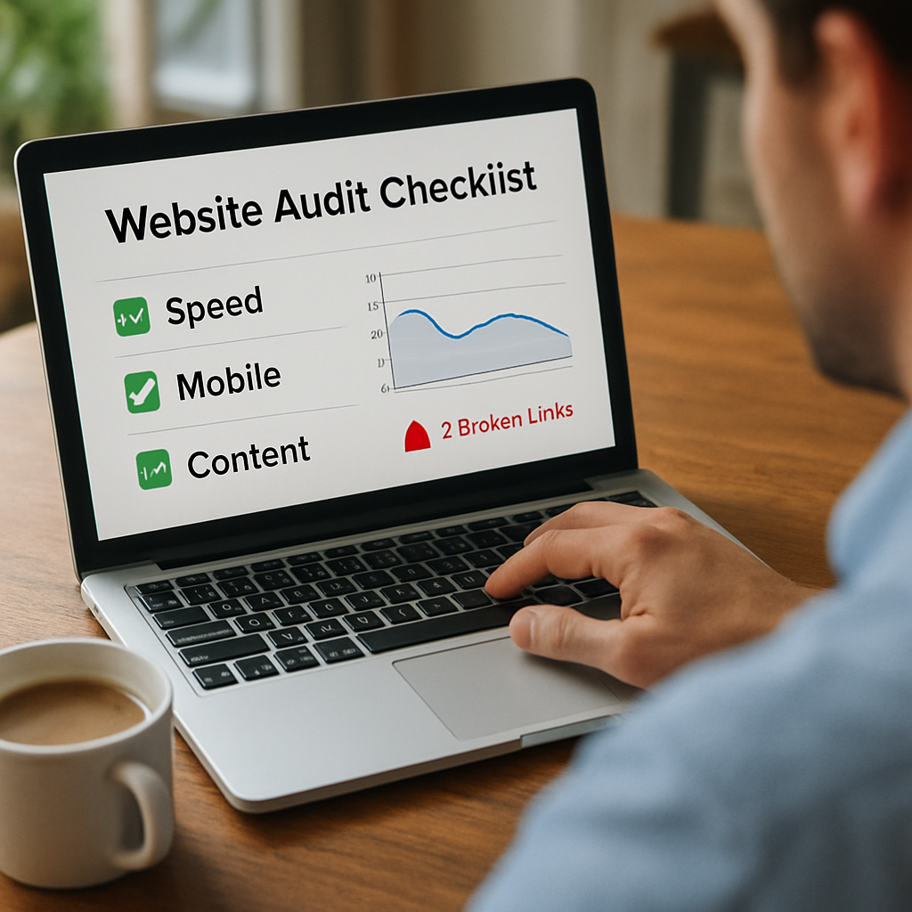 A small‑business owner reviewing a website audit checklist on a laptop, coffee mug beside them, with a clear view of page speed graphs and broken link warnings. Alt: website audit checklist for small business owners focusing on speed, mobile, and content.