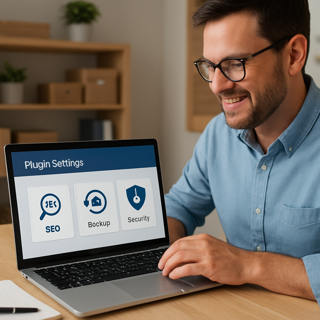 A small business owner reviewing plugin settings on a laptop, showing dashboard icons for SEO, backup, and security. Alt: website management for small business plugins tools.