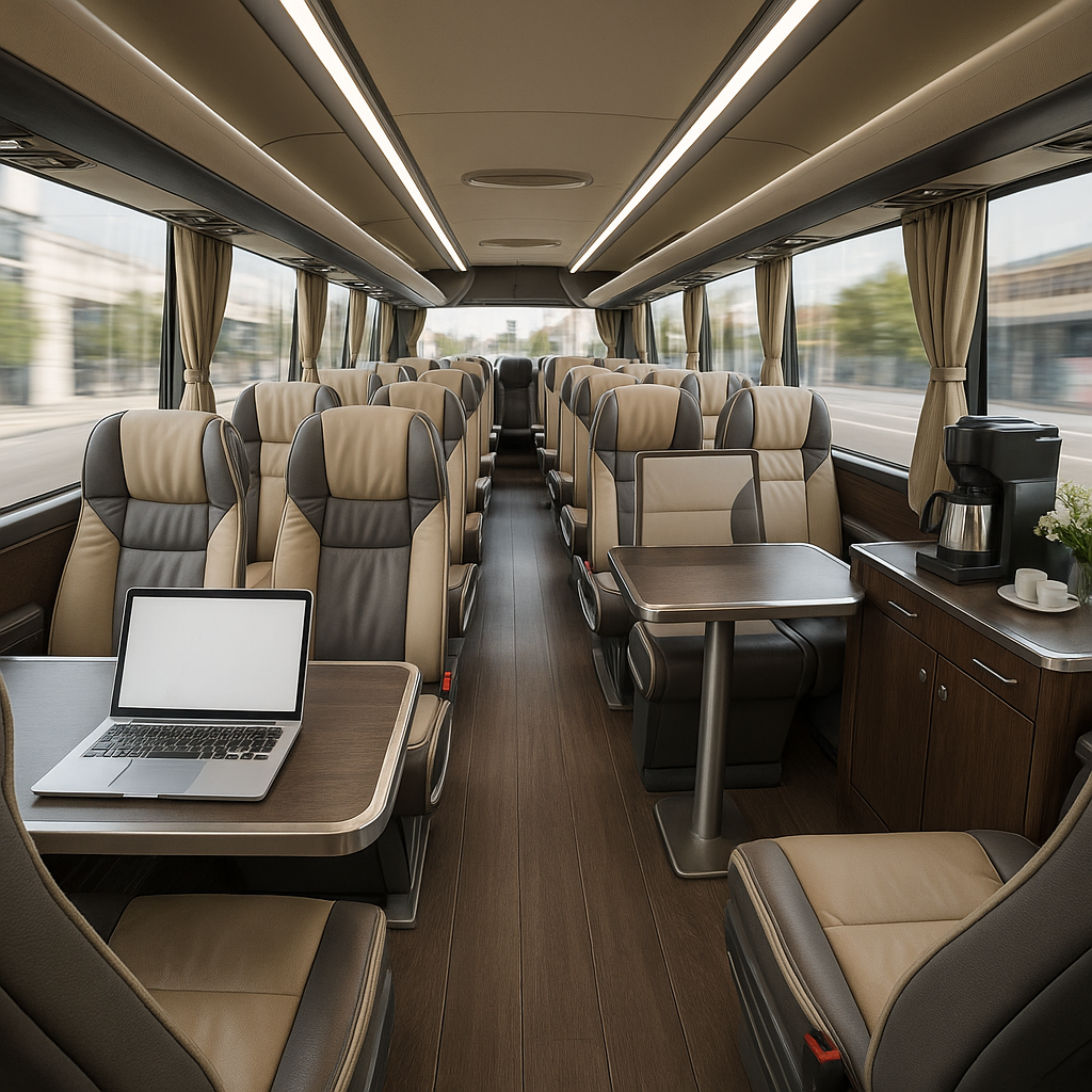 A luxury coach interior arranged for a corporate roadshow with comfortable seating and onboard amenities. Alt: Coach hire for roadshows in Madrid with luxury interiors and amenities.