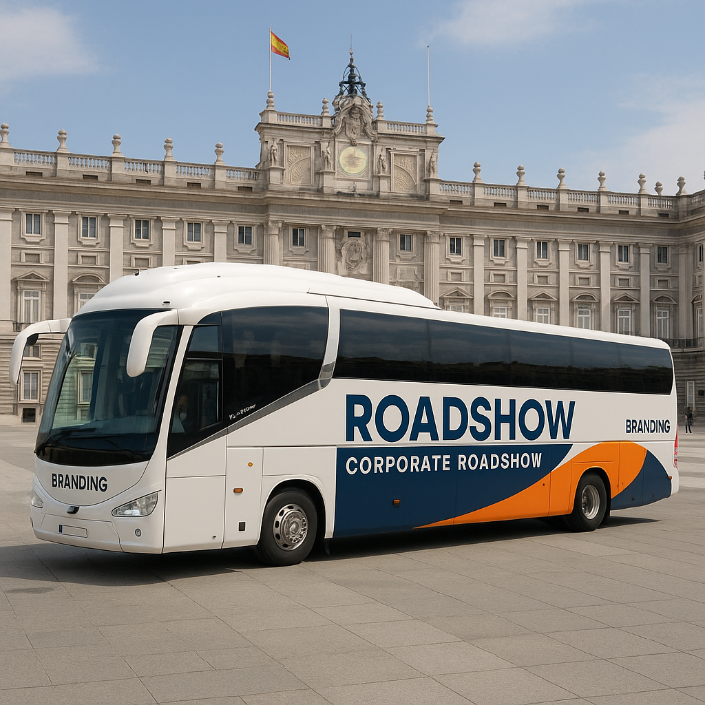 A branded coach parked in front of Madrid's iconic Royal Palace during a corporate roadshow. Alt: Coach hire for roadshows in Madrid with custom branding and prestigious locations.