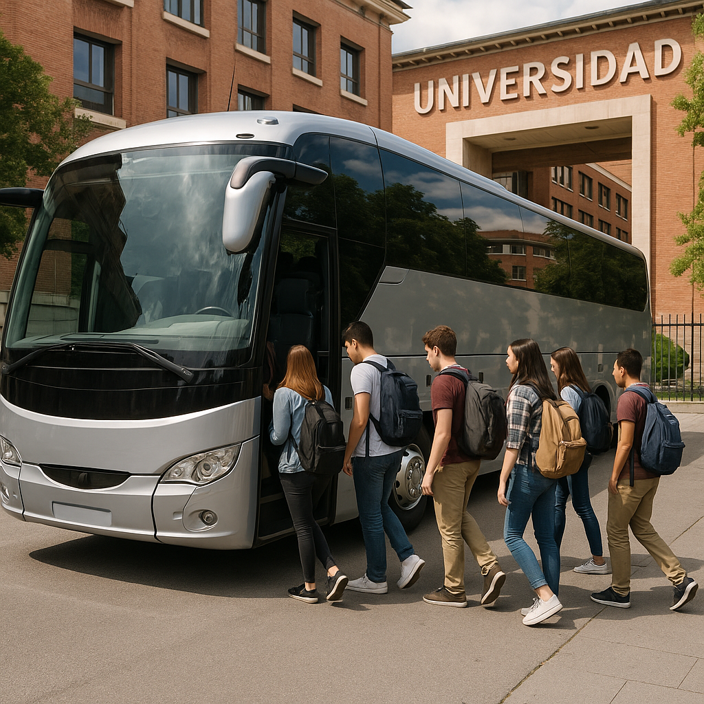 Modern luxury coach parked near Madrid university entrance with students boarding, illustrating university trip bus hire Madrid. Alt: University trip bus hire Madrid with modern coach for group transport.