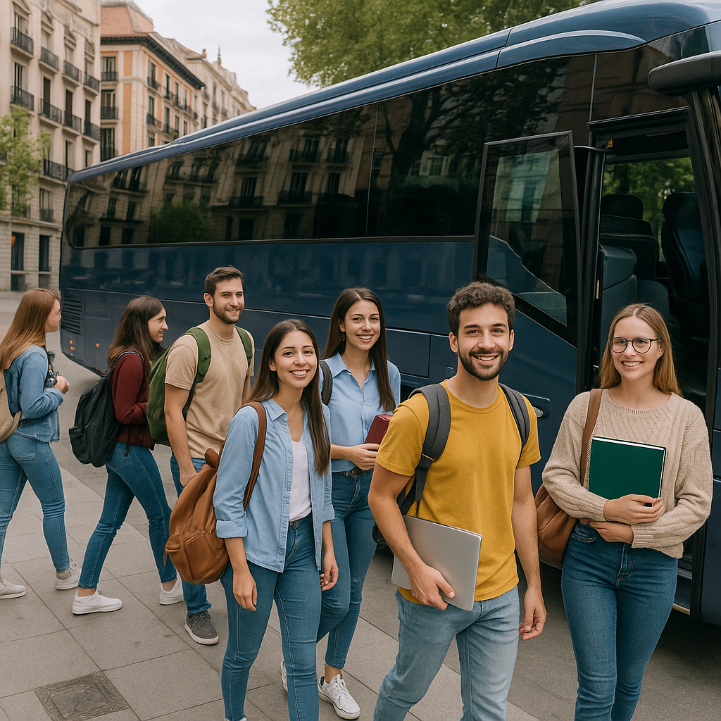 Group of university students boarding a luxury coach in central Madrid for a day trip, highlighting university trip bus hire Madrid services. Alt: University trip bus hire Madrid with comfortable luxury coach van for student groups.