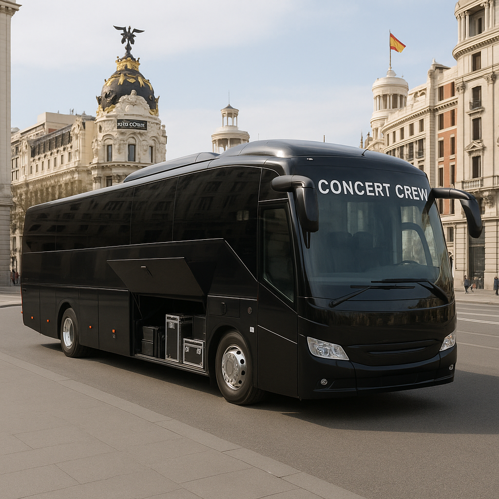 A high-end concert crew coach with equipment storage arriving in Madrid. Alt: Luxury concert crew bus hire Madrid with ample luggage compartment and comfortable seating.