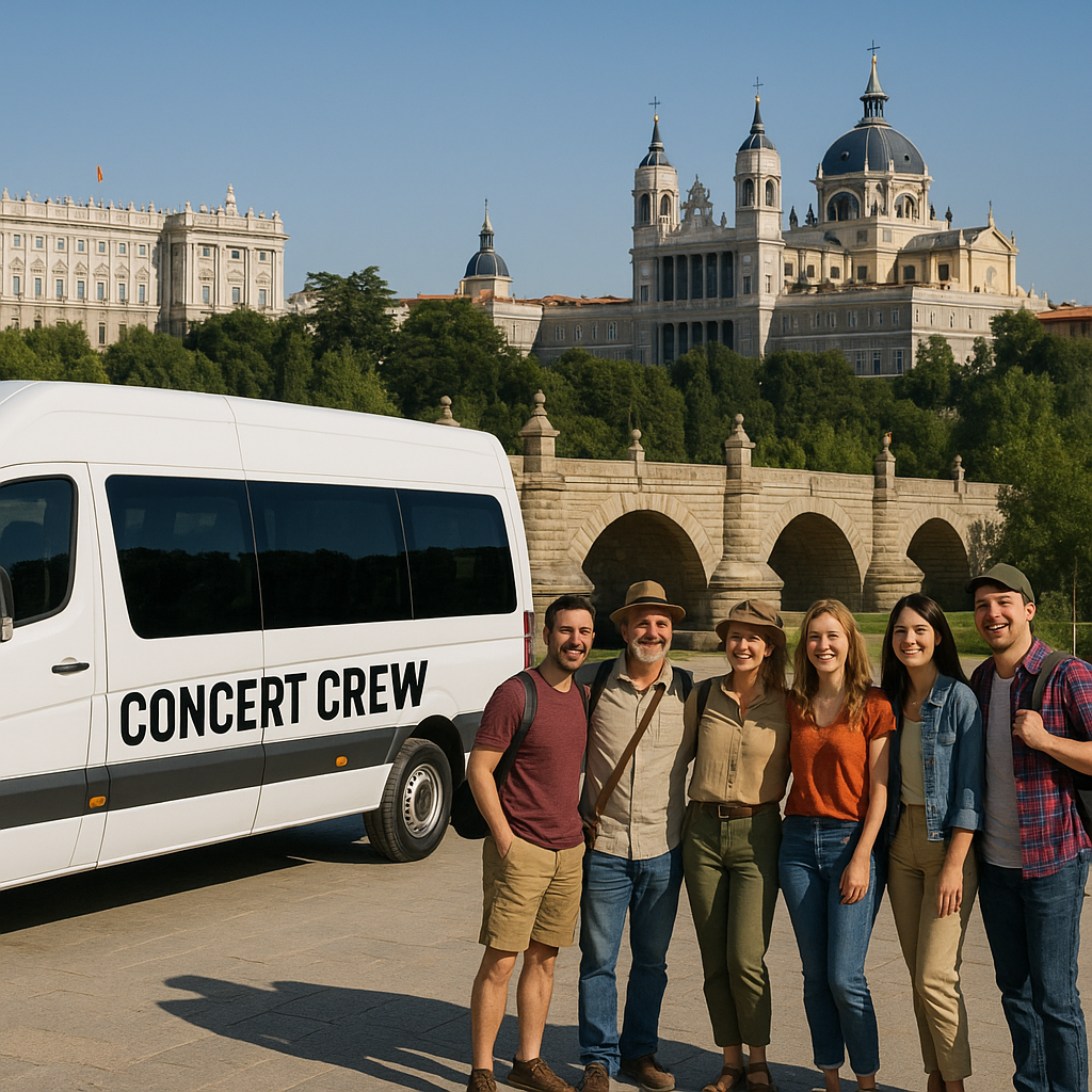 A concert crew enjoying a cultural sightseeing tour by minibus near Madrid. Alt: Concert crew bus hire Madrid for cultural excursions and entertainment events.